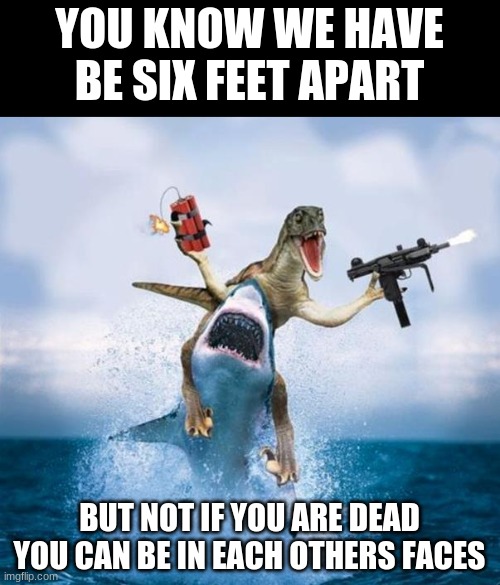 covid19 | YOU KNOW WE HAVE BE SIX FEET APART; BUT NOT IF YOU ARE DEAD YOU CAN BE IN EACH OTHERS FACES | image tagged in dinosaur riding shark | made w/ Imgflip meme maker