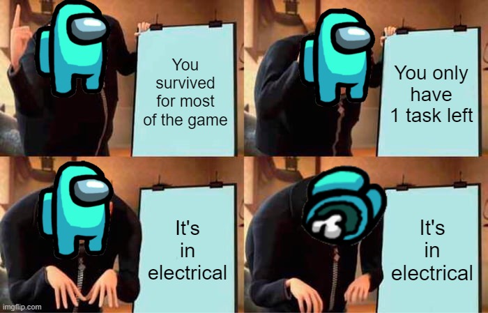 Got a task in electrical | You survived for most of the game; You only have 1 task left; It's in electrical; It's in electrical | image tagged in memes,gru's plan | made w/ Imgflip meme maker