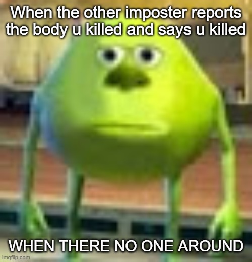 Sully Wazowski | When the other imposter reports the body u killed and says u killed; WHEN THERE NO ONE AROUND | image tagged in sully wazowski | made w/ Imgflip meme maker