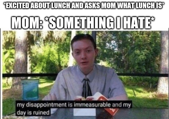 My dissapointment is immeasurable and my day is ruined | MOM: *SOMETHING I HATE*; *EXCITED ABOUT LUNCH AND ASKS MOM WHAT LUNCH IS* | image tagged in my dissapointment is immeasurable and my day is ruined | made w/ Imgflip meme maker