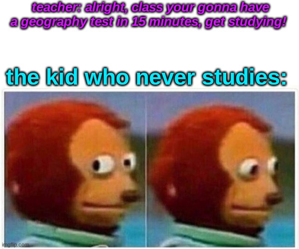 Monkey Puppet Meme | teacher: alright, class your gonna have a geography test in 15 minutes, get studying! the kid who never studies: | image tagged in memes,monkey puppet | made w/ Imgflip meme maker
