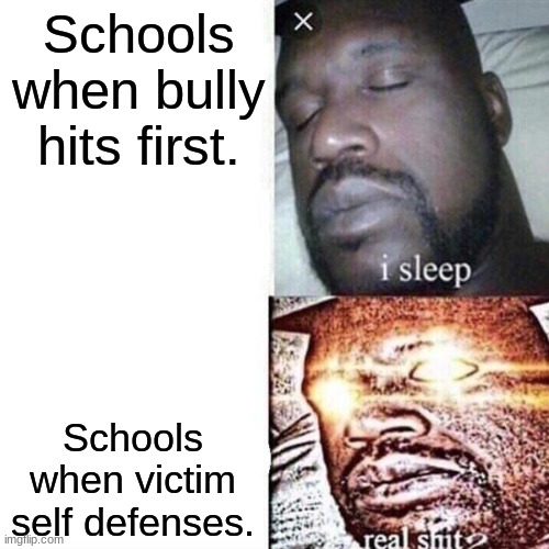 Shaq Sleeping | Schools when bully hits first. Schools when victim self defenses. | image tagged in shaq sleeping | made w/ Imgflip meme maker