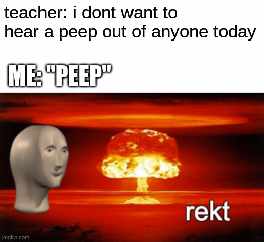 rekt w/text | teacher: i dont want to hear a peep out of anyone today; ME: "PEEP" | image tagged in rekt w/text | made w/ Imgflip meme maker