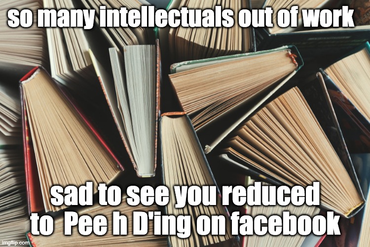 intellectuals | so many intellectuals out of work; sad to see you reduced to  Pee h D'ing on facebook | image tagged in conservatives | made w/ Imgflip meme maker