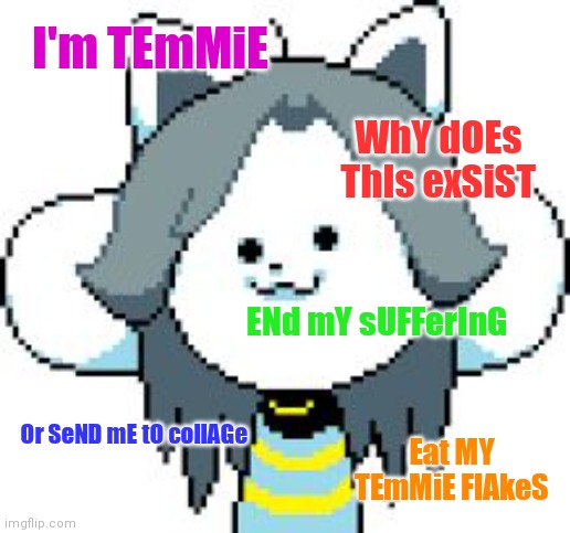 I'm TEmMiE WhY dOEs ThIs exSiST ENd mY sUFFerInG Or SeND mE tO collAGe Eat MY TEmMiE FlAkeS | image tagged in temmie | made w/ Imgflip meme maker