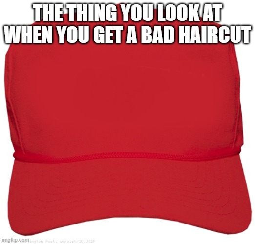 blank red MAGA hat | THE THING YOU LOOK AT WHEN YOU GET A BAD HAIRCUT | image tagged in blank red maga hat | made w/ Imgflip meme maker