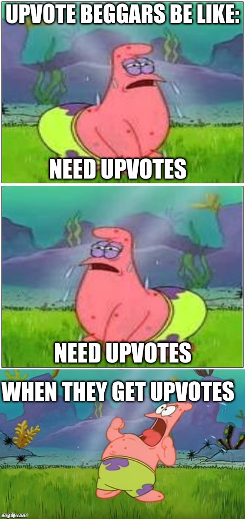 Patrick Need Water | UPVOTE BEGGARS BE LIKE:; NEED UPVOTES; NEED UPVOTES; WHEN THEY GET UPVOTES | image tagged in patrick need water | made w/ Imgflip meme maker