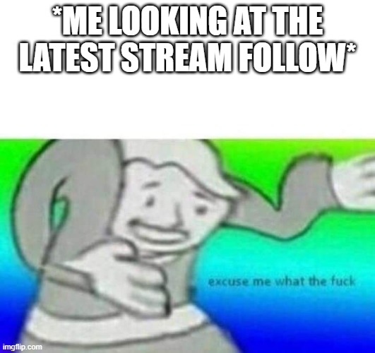XD | *ME LOOKING AT THE LATEST STREAM FOLLOW* | image tagged in fallout what thy f ck | made w/ Imgflip meme maker