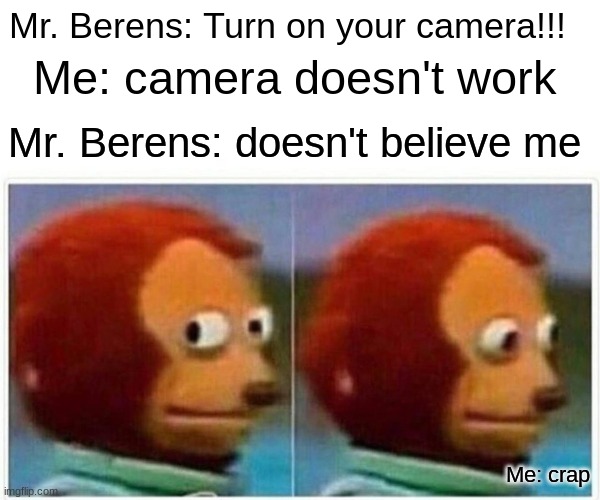 Monkey Puppet Meme | Mr. Berens: Turn on your camera!!! Me: camera doesn't work; Mr. Berens: doesn't believe me; Me: crap | image tagged in memes,monkey puppet | made w/ Imgflip meme maker