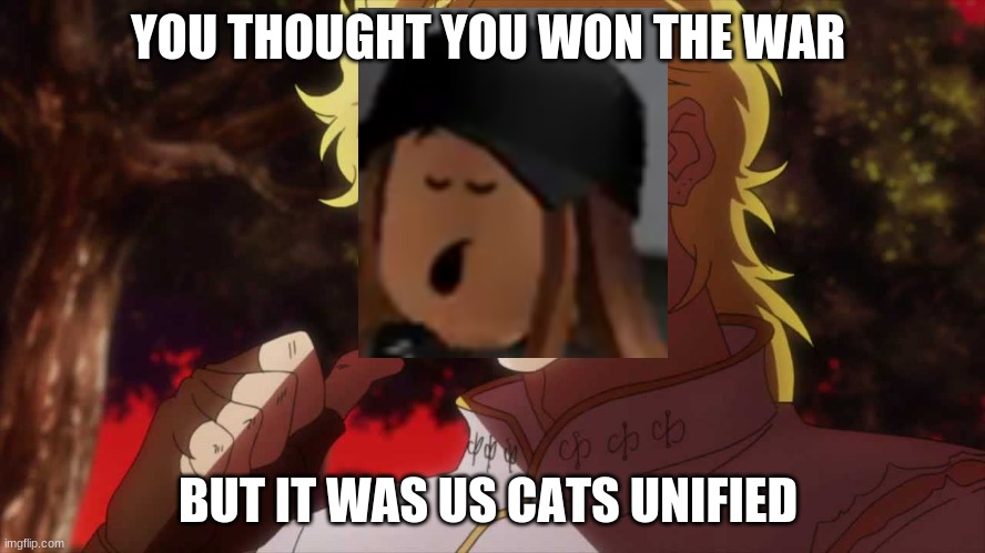 cats vs rats war | YOU THOUGHT YOU WON THE WAR; BUT IT WAS US CATS UNIFIED | image tagged in kono dio da | made w/ Imgflip meme maker