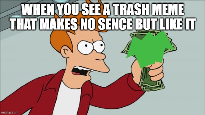 Shut Up And Take My Money Fry | WHEN YOU SEE A TRASH MEME THAT MAKES NO SENCE BUT LIKE IT | image tagged in memes,shut up and take my money fry | made w/ Imgflip meme maker