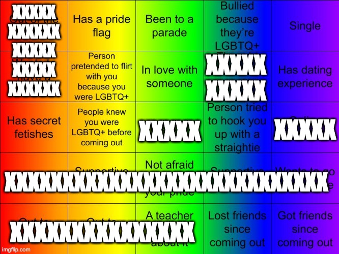TheSuitedGayWeeb's LGBTQ Bingo | XXXXX
XXXXXX
XXXXX
XXXXX
XXXXXX; XXXXX
XXXXX; XXXXX; XXXXX; XXXXXXXXXXXXXXXXXXXXXXXXXXXX; XXXXXXXXXXXXXXX | image tagged in jer-sama's lgbtq bingo | made w/ Imgflip meme maker
