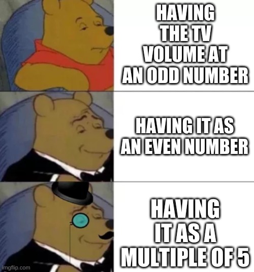 Fancy pooh | HAVING THE TV VOLUME AT AN ODD NUMBER; HAVING IT AS AN EVEN NUMBER; HAVING IT AS A MULTIPLE OF 5 | image tagged in fancy pooh | made w/ Imgflip meme maker