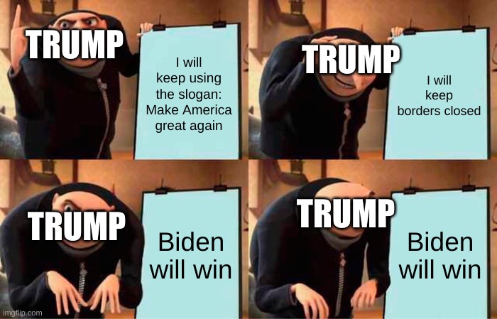 Gru's Plan | TRUMP; I will keep using the slogan: Make America great again; I will keep borders closed; TRUMP; TRUMP; Biden will win; Biden will win; TRUMP | image tagged in memes,gru's plan | made w/ Imgflip meme maker