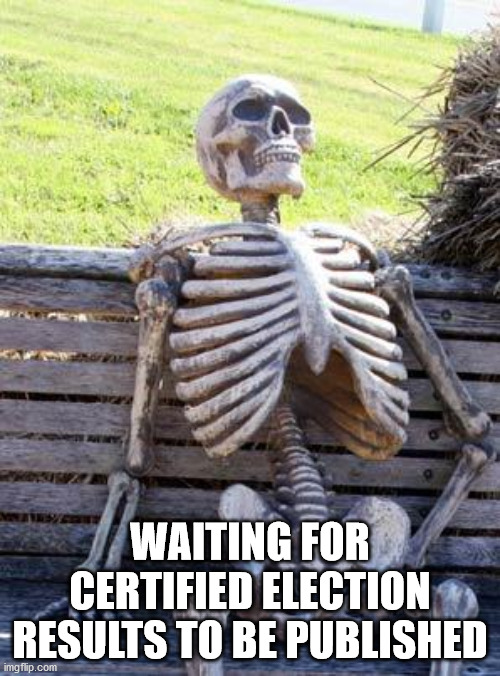 Waiting Skeleton | WAITING FOR CERTIFIED ELECTION RESULTS TO BE PUBLISHED | image tagged in memes,waiting skeleton | made w/ Imgflip meme maker