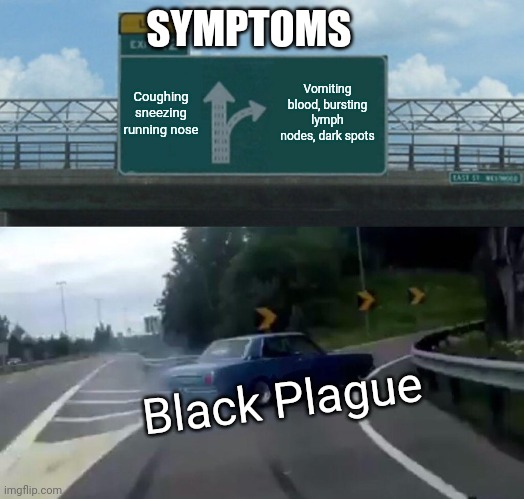Left Exit 12 Off Ramp | SYMPTOMS; Coughing sneezing running nose; Vomiting blood, bursting lymph nodes, dark spots; Black Plague | image tagged in memes,left exit 12 off ramp | made w/ Imgflip meme maker