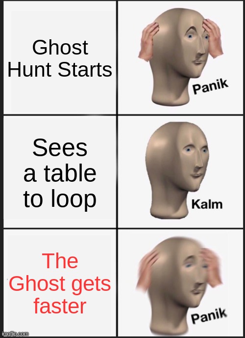 Phasmaphobia Reverents | Ghost Hunt Starts; Sees a table to loop; The Ghost gets faster | image tagged in memes,panik kalm panik | made w/ Imgflip meme maker