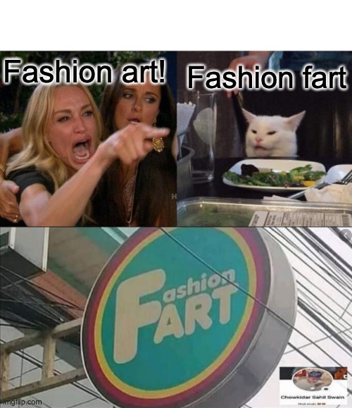 Fashion art! Fashion fart | image tagged in memes,woman yelling at cat | made w/ Imgflip meme maker