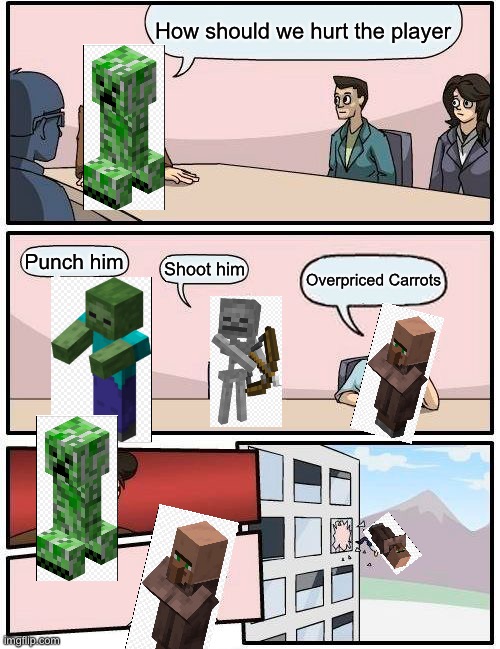 Boardroom Meeting Suggestion Meme | How should we hurt the player; Punch him; Shoot him; Overpriced Carrots | image tagged in memes,boardroom meeting suggestion,minecraft | made w/ Imgflip meme maker