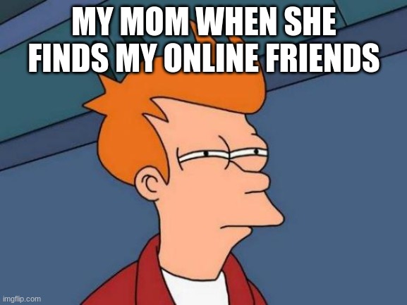 Futurama Fry | MY MOM WHEN SHE FINDS MY ONLINE FRIENDS | image tagged in memes,futurama fry | made w/ Imgflip meme maker