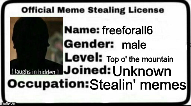 freeforall6 Official Meme Stealing License | image tagged in freeforall6 official meme stealing license | made w/ Imgflip meme maker