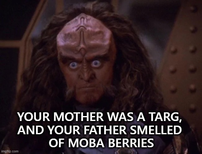 Gowron Insult | YOUR MOTHER WAS A TARG, 
AND YOUR FATHER SMELLED 
OF MOBA BERRIES | image tagged in gowron stares,monty python,monty python and the holy grail,star trek,star trek deep space nine,gowron | made w/ Imgflip meme maker