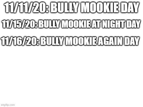 its all adding up | 11/11/20: BULLY MOOKIE DAY; 11/15/20: BULLY MOOKIE AT NIGHT DAY; 11/16/20: BULLY MOOKIE AGAIN DAY | image tagged in blank white template | made w/ Imgflip meme maker