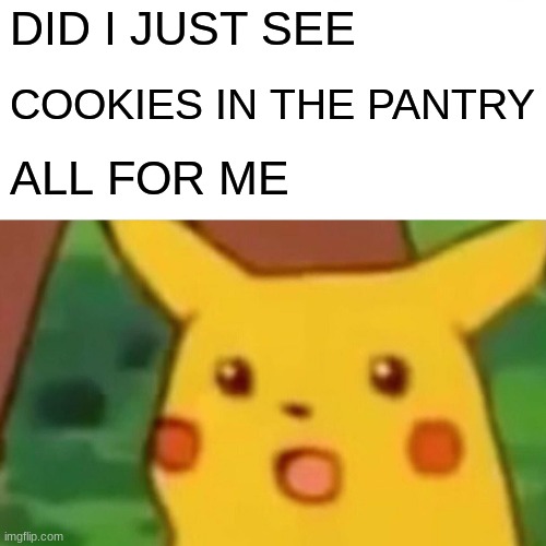 Surprised Pikachu | DID I JUST SEE; COOKIES IN THE PANTRY; ALL FOR ME | image tagged in memes,surprised pikachu | made w/ Imgflip meme maker