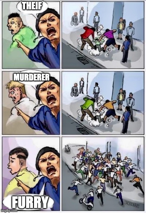 Mob Justice | THEIF; MURDERER; FURRY | image tagged in mob justice | made w/ Imgflip meme maker
