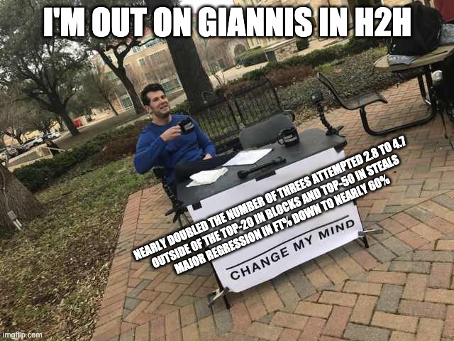 Prove me wrong | I'M OUT ON GIANNIS IN H2H; NEARLY DOUBLED THE NUMBER OF THREES ATTEMPTED 2.8 TO 4.7 

OUTSIDE OF THE TOP-20 IN BLOCKS AND TOP-50 IN STEALS 

MAJOR REGRESSION IN FT% DOWN TO NEARLY 60% | image tagged in prove me wrong | made w/ Imgflip meme maker