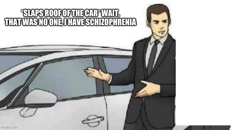 F in the chat | *SLAPS ROOF OF THE CAR* WAIT, THAT WAS NO ONE, I HAVE SCHIZOPHRENIA | image tagged in memes,car salesman slaps roof of car | made w/ Imgflip meme maker