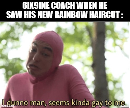Who agrees ? | 6IX9INE COACH WHEN HE SAW HIS NEW RAINBOW HAIRCUT : | image tagged in i dunno man seems kinda gay to me,memes,6ix9ine,gay,haircut | made w/ Imgflip meme maker