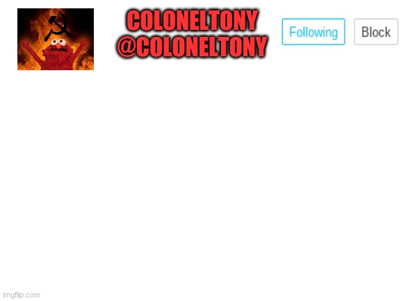 Blank White Template | COLONELTONY
@COLONELTONY | image tagged in blank white template | made w/ Imgflip meme maker