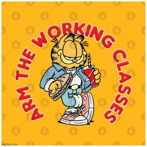 1/2 cringe, 1/2 cool | image tagged in garfield arm the working classes,garfield,working class | made w/ Imgflip meme maker