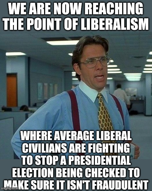 You're almost there liberals...couple more steps.. | WE ARE NOW REACHING THE POINT OF LIBERALISM; WHERE AVERAGE LIBERAL CIVILIANS ARE FIGHTING TO STOP A PRESIDENTIAL ELECTION BEING CHECKED TO MAKE SURE IT ISN'T FRAUDULENT | image tagged in memes,that would be great | made w/ Imgflip meme maker