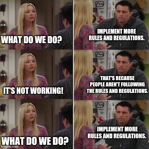 Circular Logic | IMPLEMENT MORE RULES AND REGULATIONS. WHAT DO WE DO? THAT'S BECAUSE PEOPLE AREN'T FOLLOWING THE RULES AND REGULATIONS. IT'S NOT WORKING! IMPLEMENT MORE RULES AND REGULATIONS. WHAT DO WE DO? | image tagged in joey from friends,coronavirus,liberal logic | made w/ Imgflip meme maker