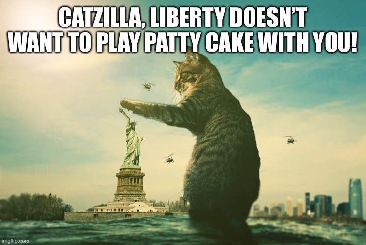 Catzilla and Liberty | CATZILLA, LIBERTY DOESN’T WANT TO PLAY PATTY CAKE WITH YOU! | image tagged in catzilla,funny memes,statue of liberty,new york city,funny cats,memes | made w/ Imgflip meme maker