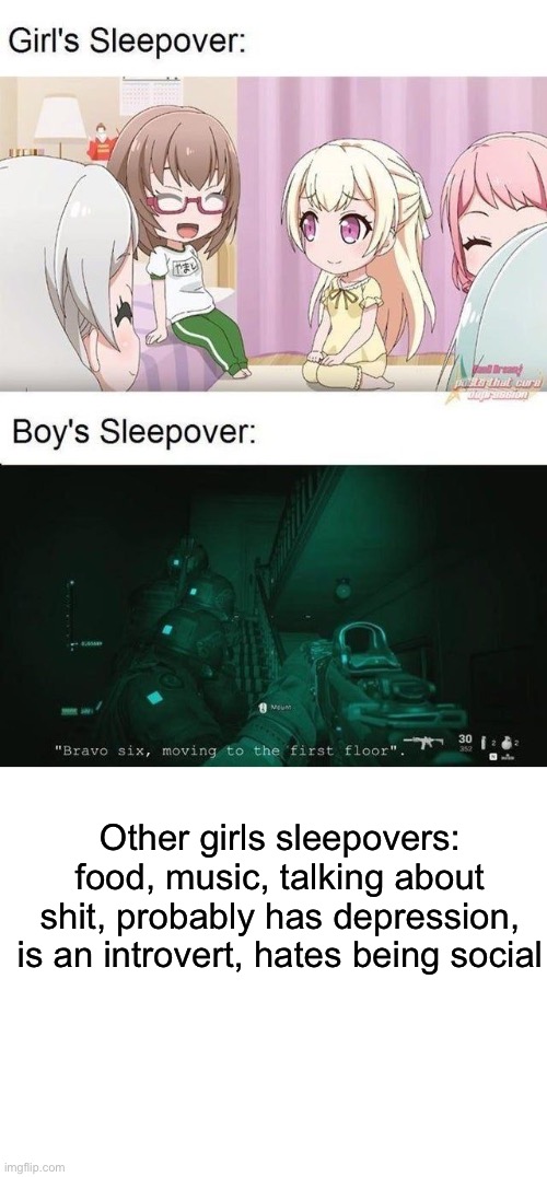 Other girls sleepovers:
food, music, talking about shit, probably has depression, is an introvert, hates being social | image tagged in blank white template | made w/ Imgflip meme maker