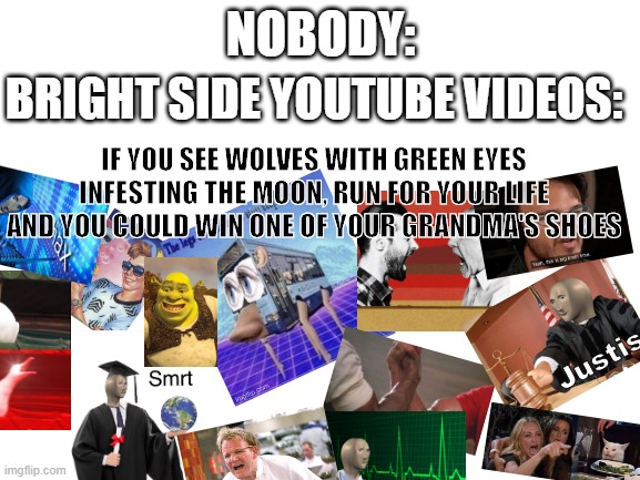 Blank White Template | BRIGHT SIDE YOUTUBE VIDEOS:; NOBODY:; IF YOU SEE WOLVES WITH GREEN EYES INFESTING THE MOON, RUN FOR YOUR LIFE AND YOU COULD WIN ONE OF YOUR GRANDMA'S SHOES | image tagged in memes,bright side,youtube | made w/ Imgflip meme maker