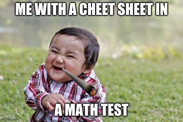 Cheetah!!!!!! | ME WITH A CHEET SHEET IN; A MATH TEST | image tagged in memes,evil toddler | made w/ Imgflip meme maker