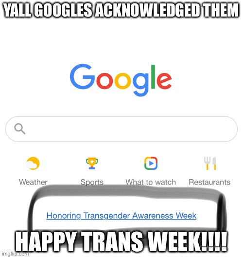 YALL GOOGLES ACKNOWLEDGED THEM; HAPPY TRANS WEEK!!!! | made w/ Imgflip meme maker