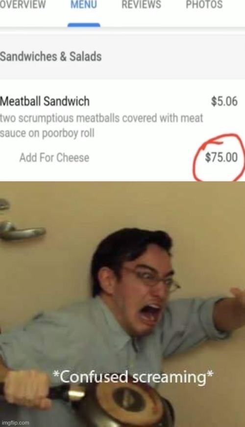 Pretty sure it's not supposed to be $75... | image tagged in filthy frank confused scream,food,memes | made w/ Imgflip meme maker