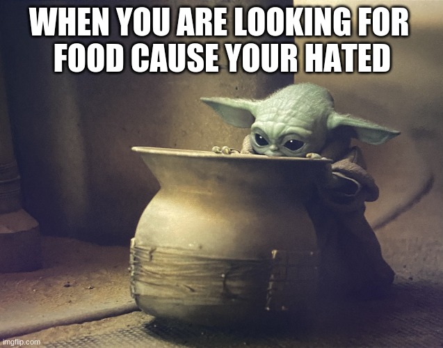 Baby Y and the fascinating pot | WHEN YOU ARE LOOKING FOR 
FOOD CAUSE YOUR HATED | image tagged in baby y and the fascinating pot | made w/ Imgflip meme maker