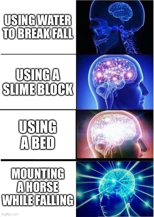 Expanding Brain | USING WATER TO BREAK FALL; USING A SLIME BLOCK; USING A BED; MOUNTING A HORSE WHILE FALLING | image tagged in memes,expanding brain | made w/ Imgflip meme maker