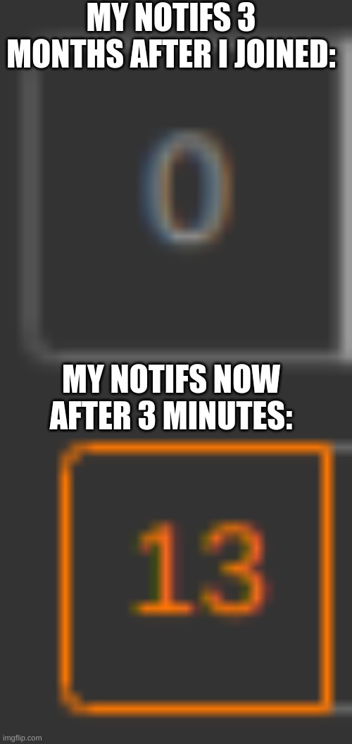 MY NOTIFS 3 MONTHS AFTER I JOINED:; MY NOTIFS NOW AFTER 3 MINUTES: | made w/ Imgflip meme maker