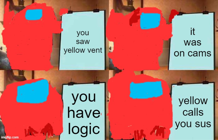 relatable |  you saw yellow vent; it was on cams; you have logic; yellow calls you sus | image tagged in memes,gru's plan,among us,sus,funny,art | made w/ Imgflip meme maker