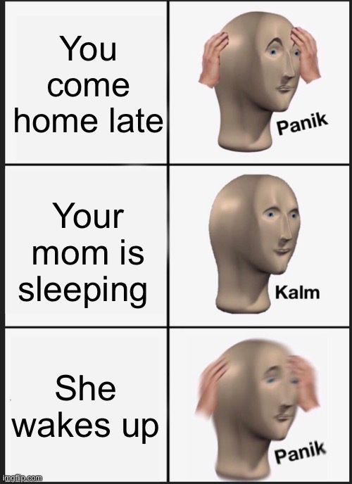 Panik, kalm | You come home late; Your mom is sleeping; She wakes up | image tagged in memes,panik kalm panik | made w/ Imgflip meme maker