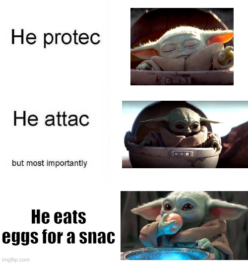 He protec he attac but most importantly | He eats eggs for a snac | image tagged in he protec he attac but most importantly | made w/ Imgflip meme maker