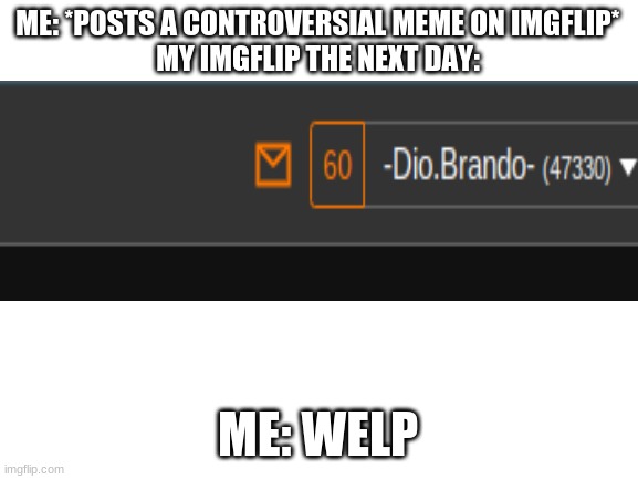 OK then.... | ME: *POSTS A CONTROVERSIAL MEME ON IMGFLIP*
MY IMGFLIP THE NEXT DAY:; ME: WELP | image tagged in imgflip | made w/ Imgflip meme maker