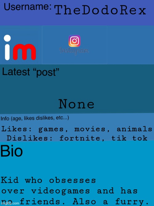 Reeee | TheDodoRex; None; Likes: games, movies, animals
Dislikes: fortnite, tik tok; Kid who obsesses over videogames and has no friends. Also a furry. | image tagged in imgflip insta | made w/ Imgflip meme maker